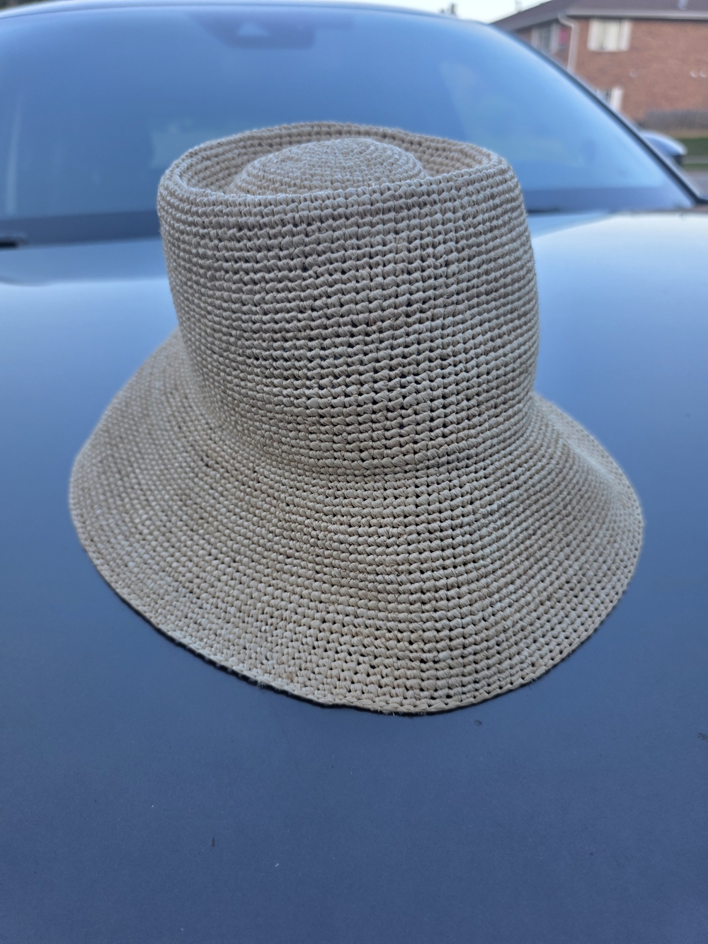 Janessa Leone Beige Crochet Straw Bucket Hat